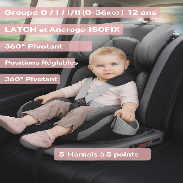 Siège auto évolutif 360° 0 -12 ans ceinture de sécurité 5 points